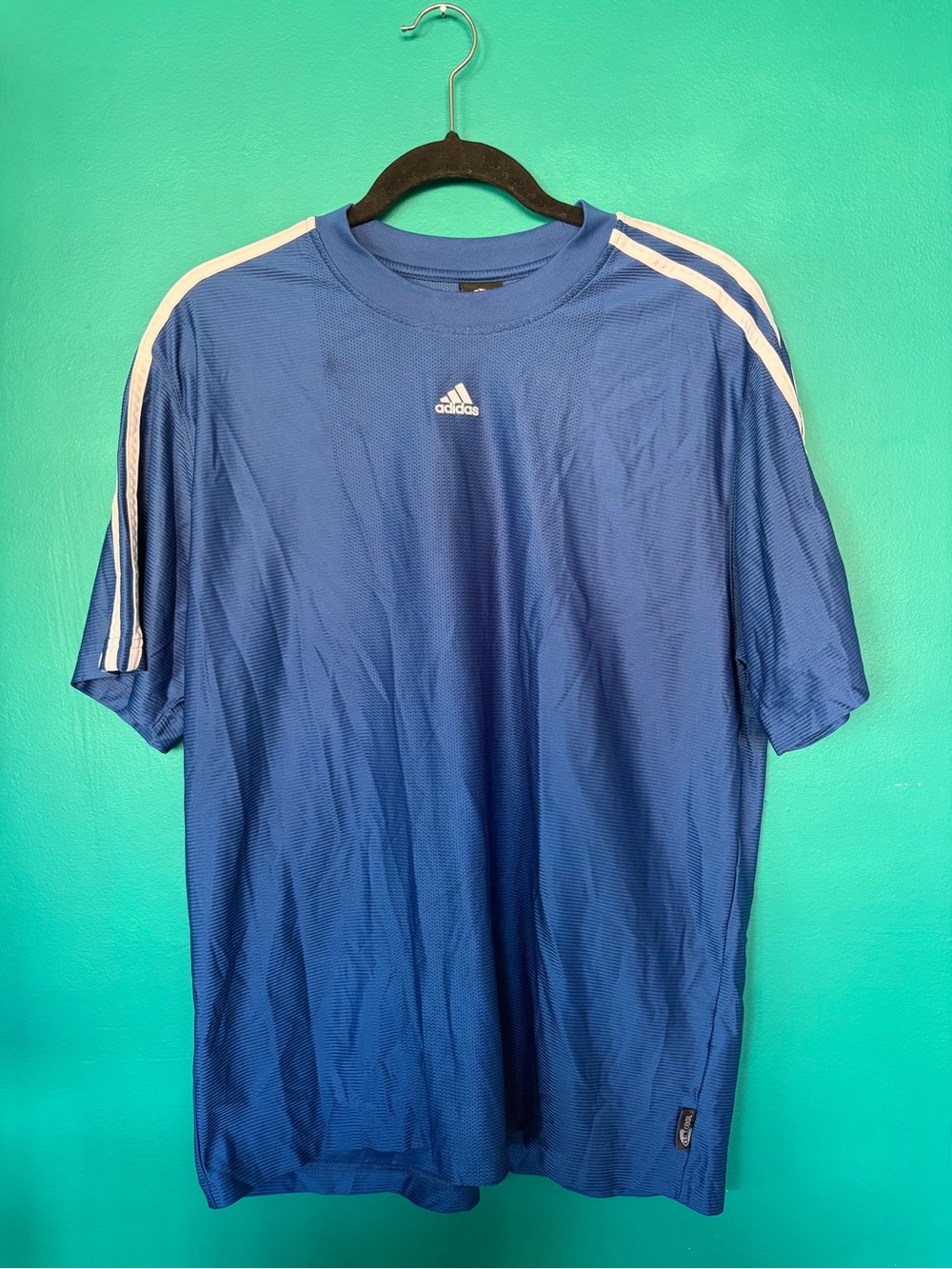 adidas Menโs Royal Blue Short Sleeve Tee with White Shoulder Stripes